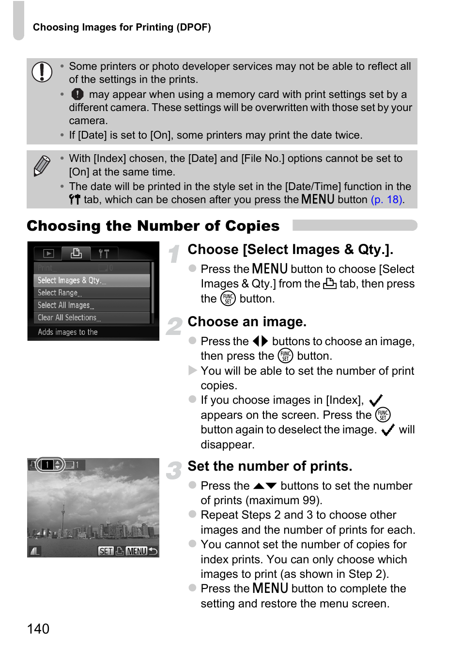 Choosing the number of copies, Choose [select images & qty, Choose an image | Set the number of prints | Canon A1200 User Manual | Page 140 / 184