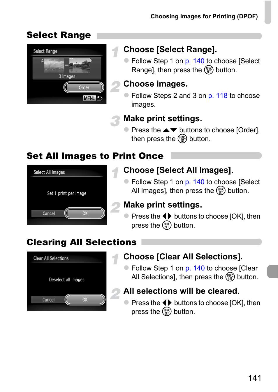 Select range, Set all images to print once, Clearing all selections | Choose [select range, Choose images, Make print settings, Choose [select all images, Choose [clear all selections, All selections will be cleared | Canon A1200 User Manual | Page 141 / 184