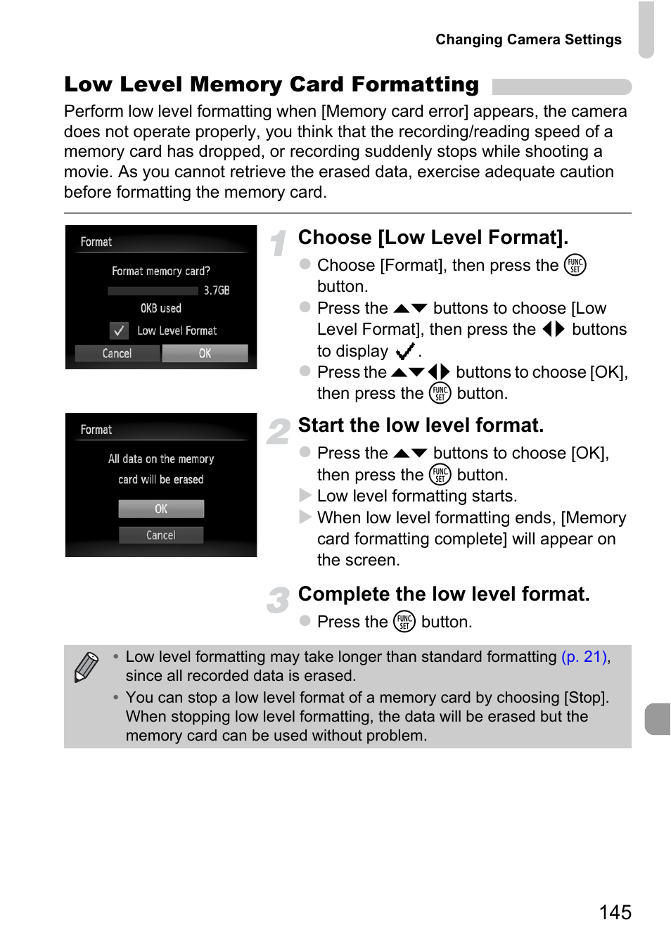 Choose [low level format, Start the low level format, Complete the low level format | Canon A1200 User Manual | Page 145 / 184