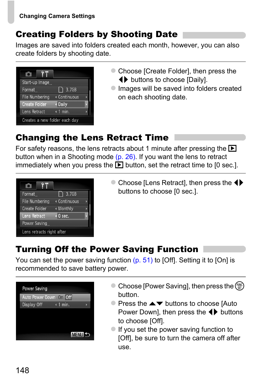 P. 148), Creating folders by shooting date, Changing the lens retract time | Turning off the power saving function | Canon A1200 User Manual | Page 148 / 184