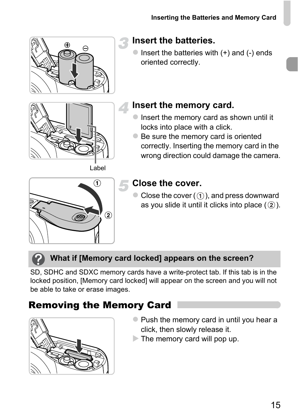 15 insert the batteries, Close the cover | Canon A1200 User Manual | Page 15 / 184