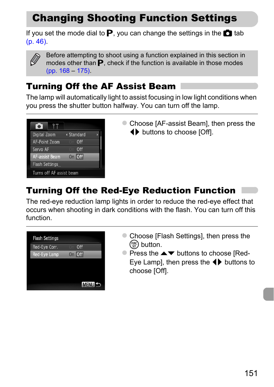 Changing shooting function settings, Changing shooting function, Settings | P. 151), Turning off the af assist beam, Turning off the red-eye reduction function | Canon A1200 User Manual | Page 151 / 184