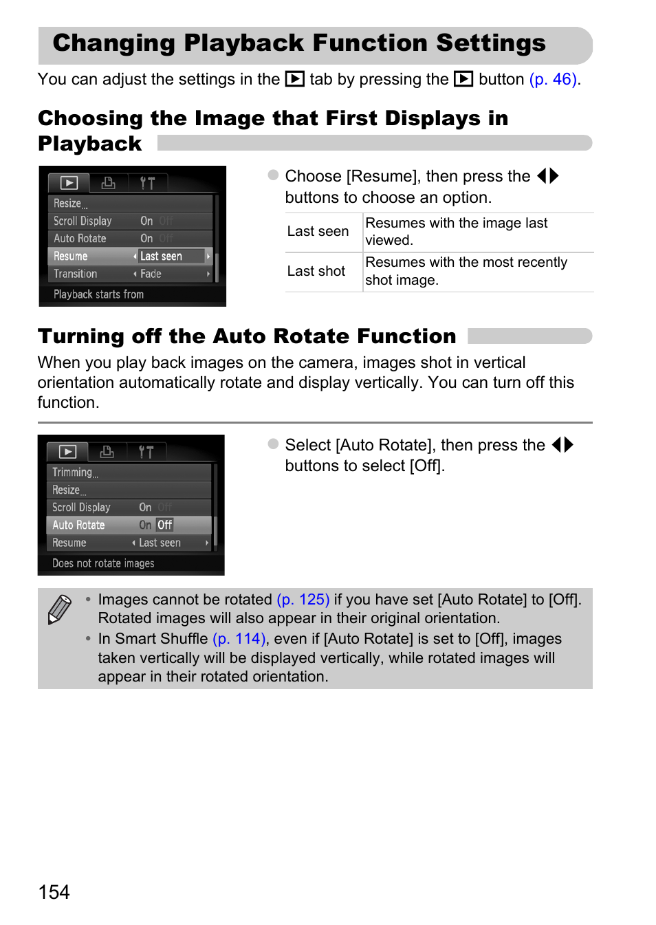 Changing playback function settings, Changing playback function, Settings | Choosing the image that first displays in playback, Turning off the auto rotate function | Canon A1200 User Manual | Page 154 / 184