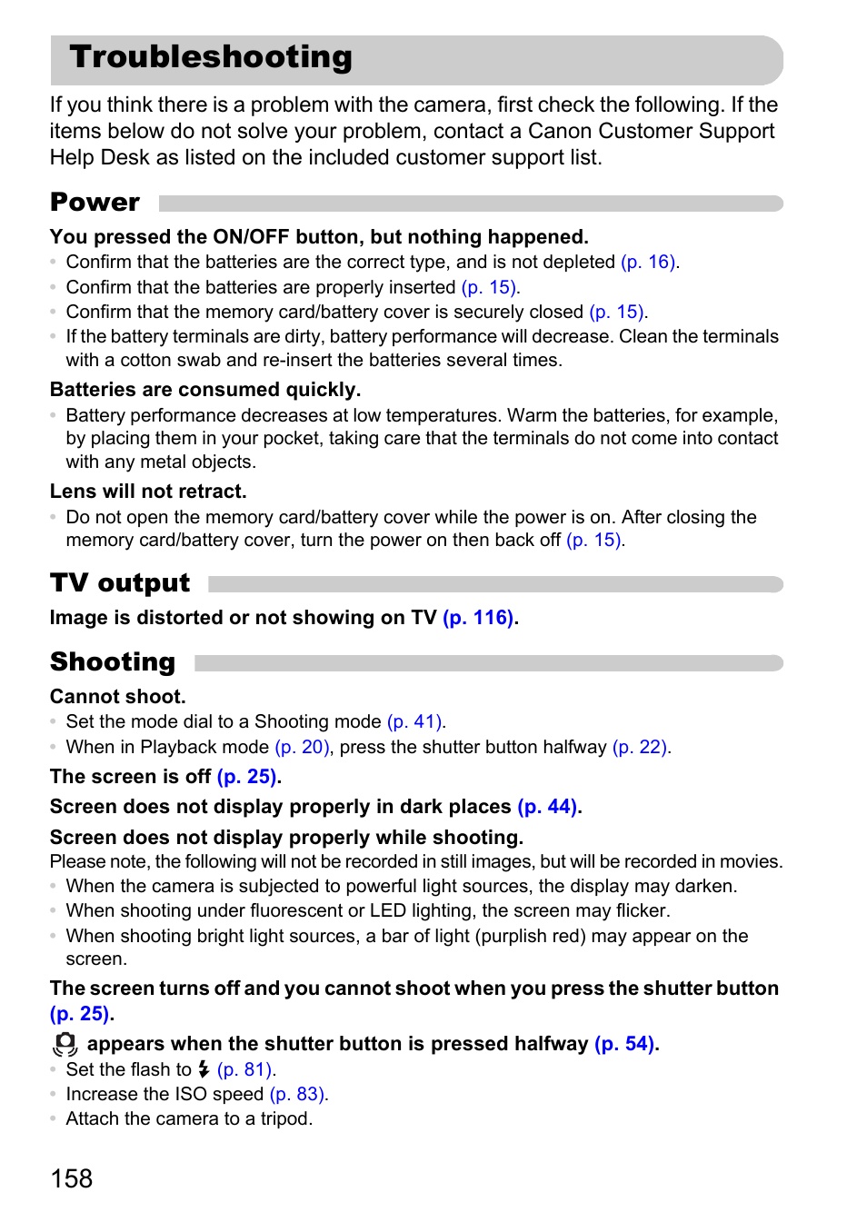 Troubleshooting, Power, Tv output | Shooting | Canon A1200 User Manual | Page 158 / 184