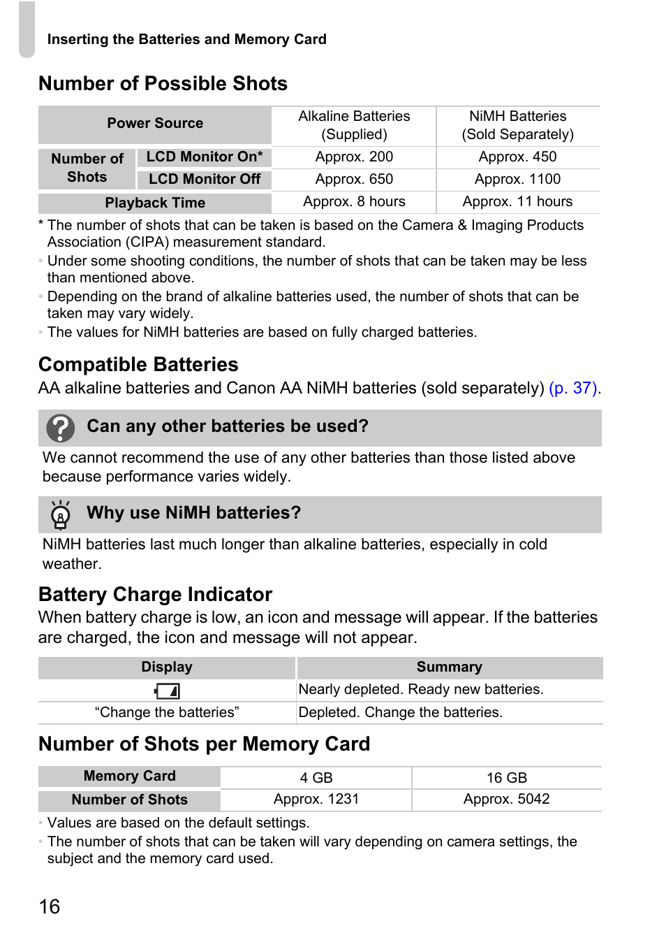 16 number of possible shots, Compatible batteries, Battery charge indicator | Canon A1200 User Manual | Page 16 / 184