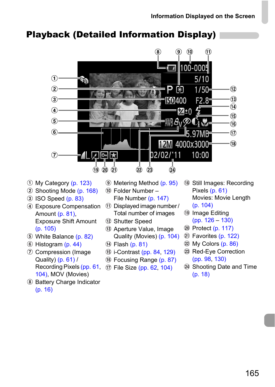 P. 165), Playback (detailed information display) | Canon A1200 User Manual | Page 165 / 184