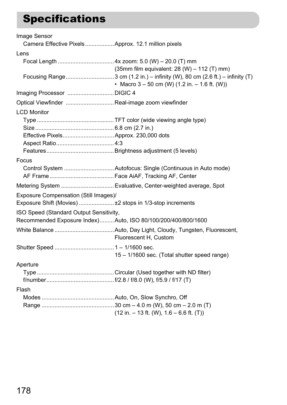 Specifications, P. 178) | Canon A1200 User Manual | Page 178 / 184
