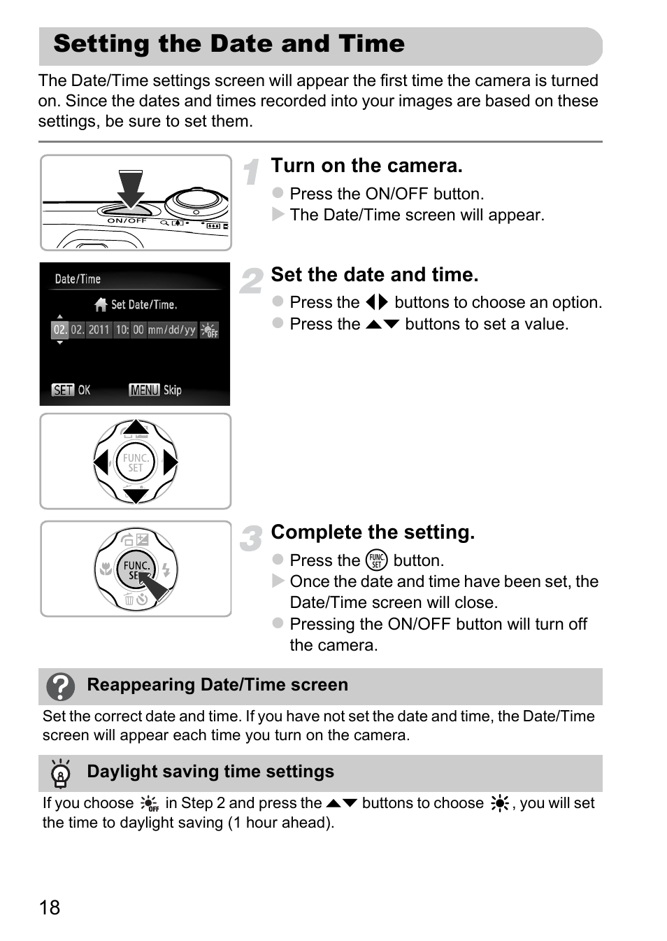 Setting the date and time, Turn on the camera, Set the date and time | Complete the setting | Canon A1200 User Manual | Page 18 / 184