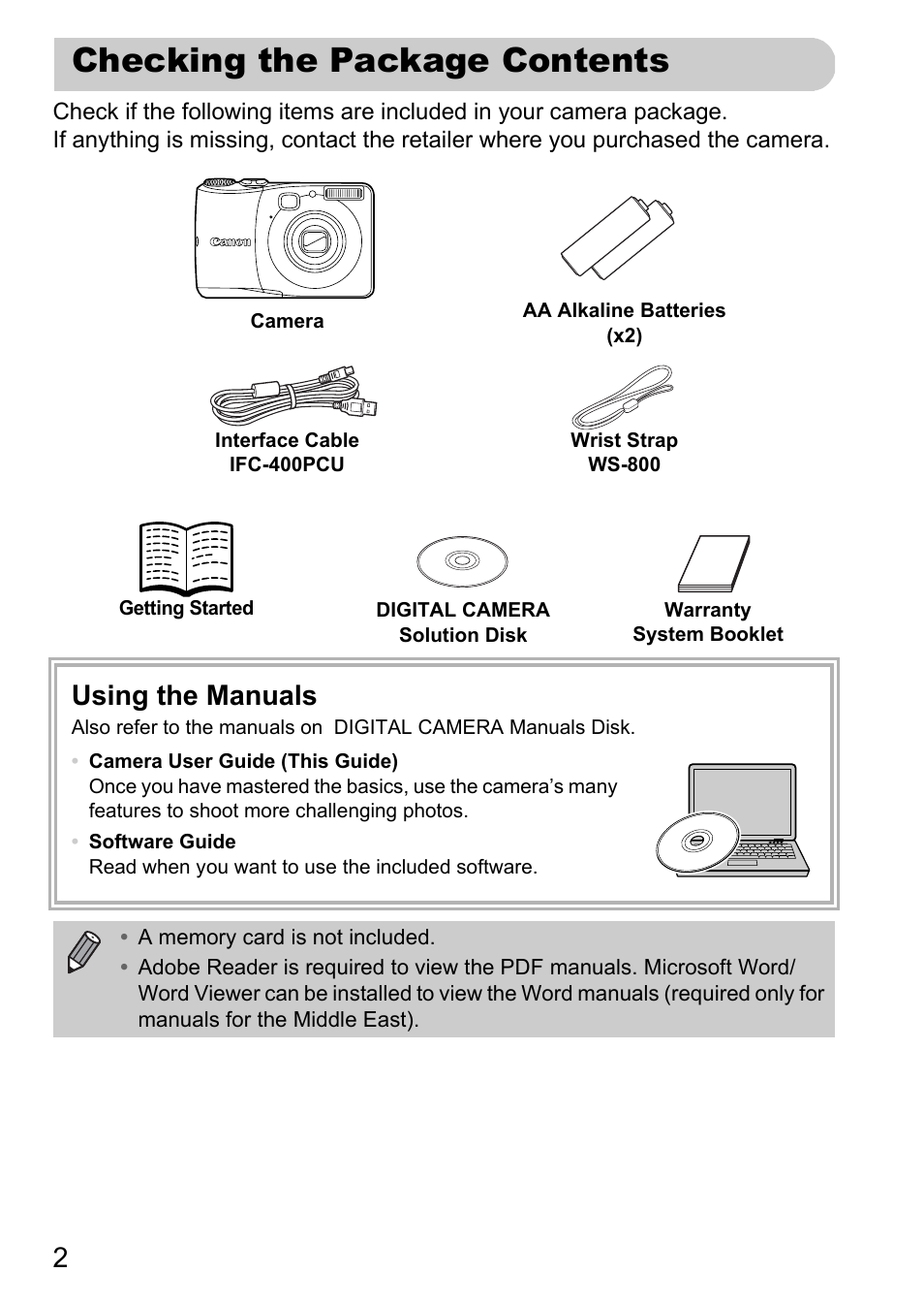 Checking the package contents, Using the manuals | Canon A1200 User Manual | Page 2 / 184