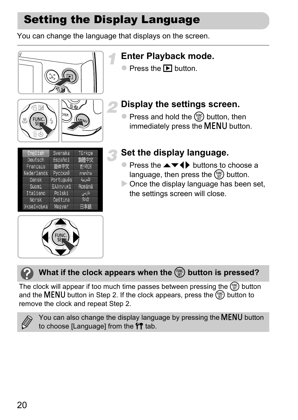 Setting the display language, Enter playback mode, Display the settings screen | Set the display language | Canon A1200 User Manual | Page 20 / 184