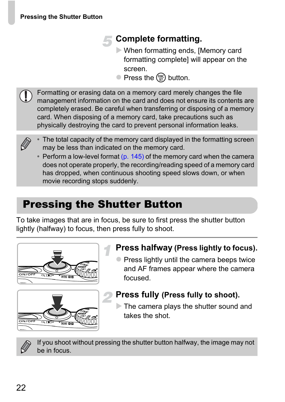 Pressing the shutter button, 22 complete formatting, Press halfway | Press fully | Canon A1200 User Manual | Page 22 / 184