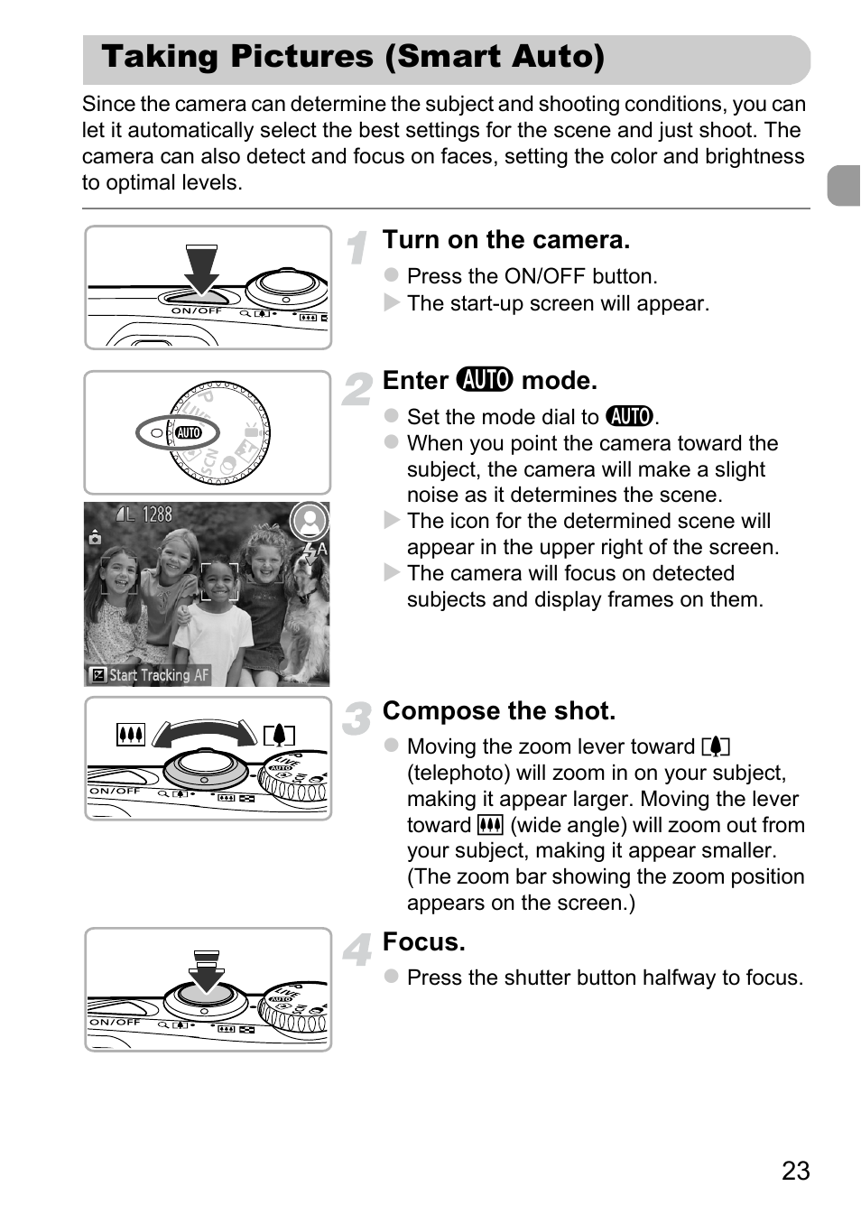 Taking pictures (smart auto) | Canon A1200 User Manual | Page 23 / 184
