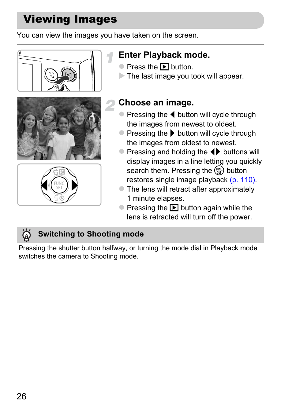Viewing images, Enter playback mode, Choose an image | Canon A1200 User Manual | Page 26 / 184