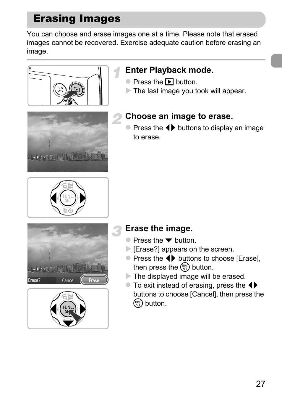 Erasing images, Enter playback mode, Choose an image to erase | Erase the image | Canon A1200 User Manual | Page 27 / 184
