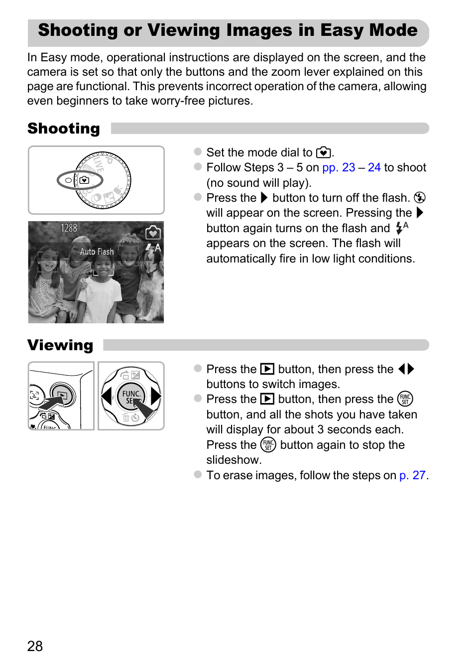 Shooting or viewing images in easy mode, Shooting or viewing images in easy, Mode | Shooting, Viewing | Canon A1200 User Manual | Page 28 / 184