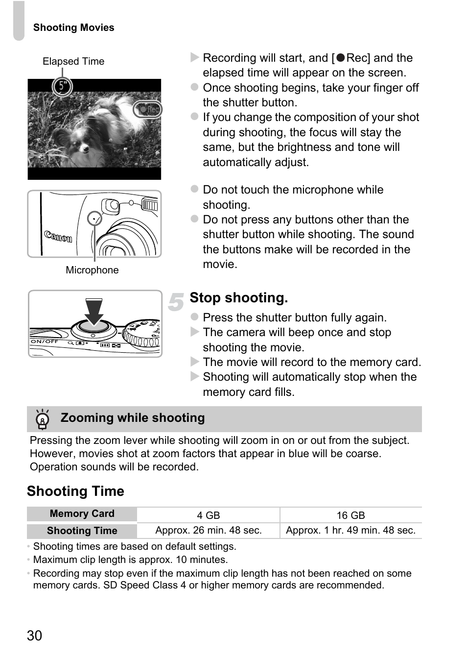 Stop shooting, Shooting time | Canon A1200 User Manual | Page 30 / 184