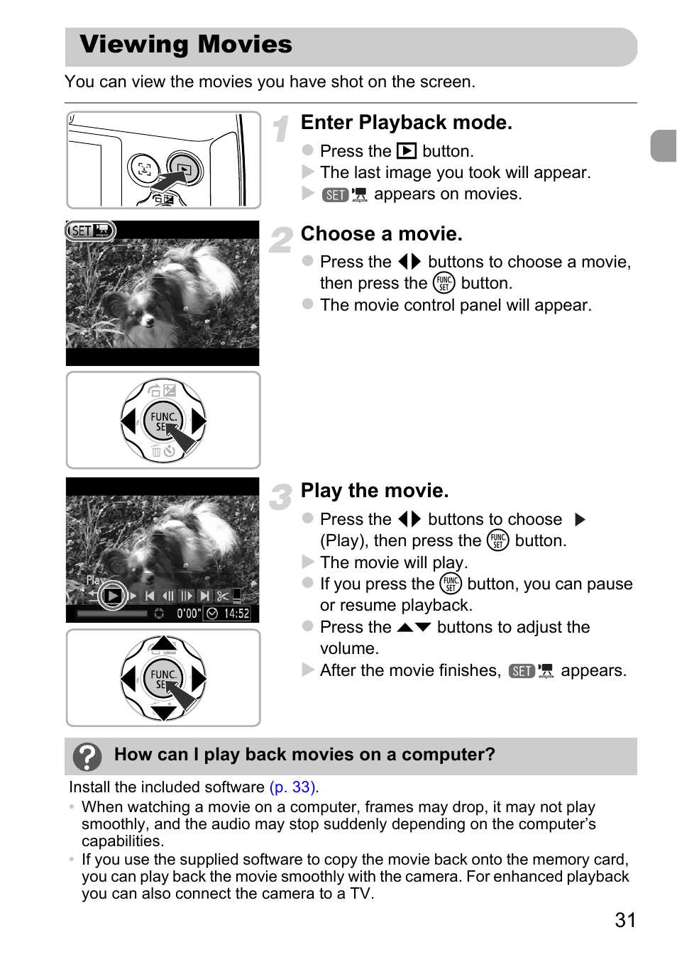 Viewing movies, Enter playback mode, Choose a movie | Play the movie | Canon A1200 User Manual | Page 31 / 184