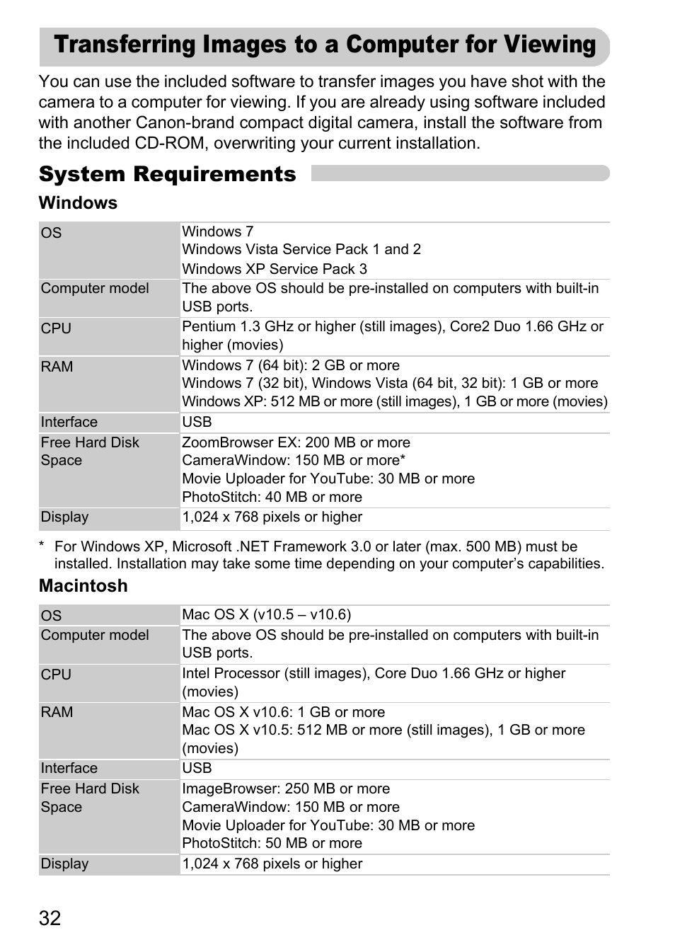 Transferring images to a computer for viewing, Transferring images to a computer for, Viewing | System requirements | Canon A1200 User Manual | Page 32 / 184
