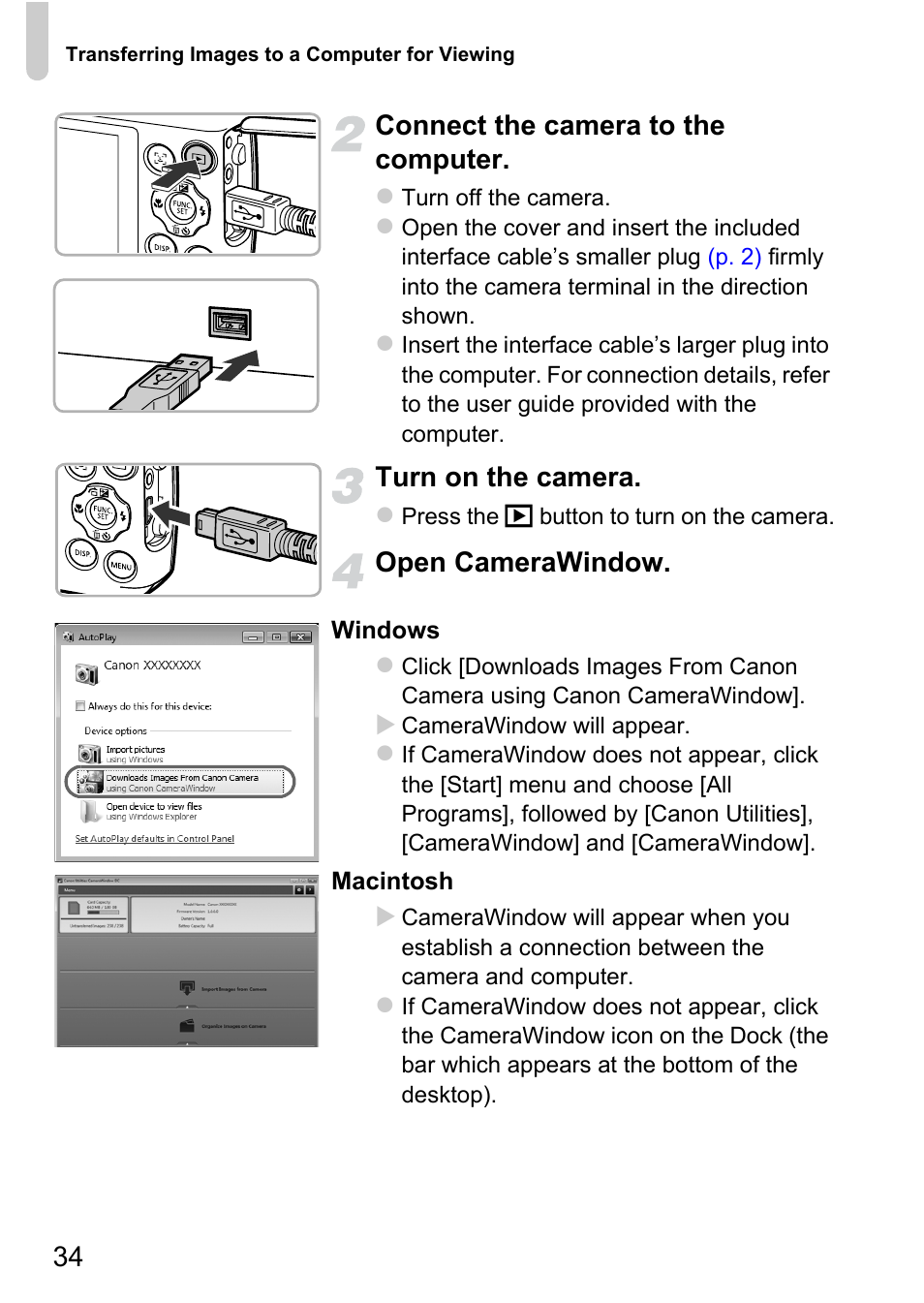 34 connect the camera to the computer, Turn on the camera, Open camerawindow | Canon A1200 User Manual | Page 34 / 184