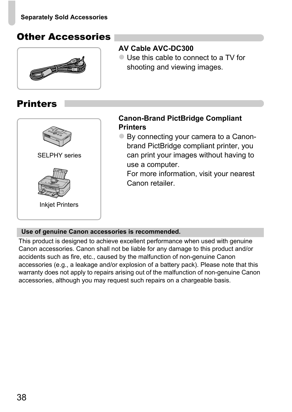 Other accessories, Printers | Canon A1200 User Manual | Page 38 / 184