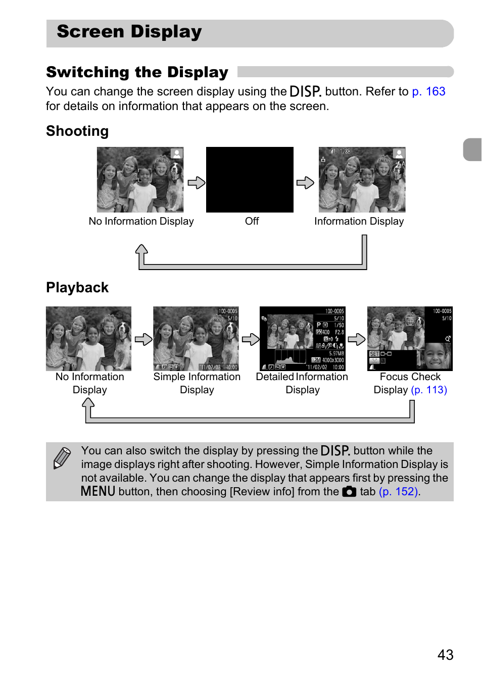Screen display, Pp. 43, Tton | P. 43), Switching the display, Shooting playback | Canon A1200 User Manual | Page 43 / 184