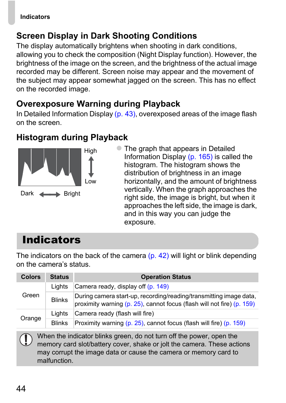 Indicators, P. 44), 44 screen display in dark shooting conditions | Overexposure warning during playback, Histogram during playback | Canon A1200 User Manual | Page 44 / 184