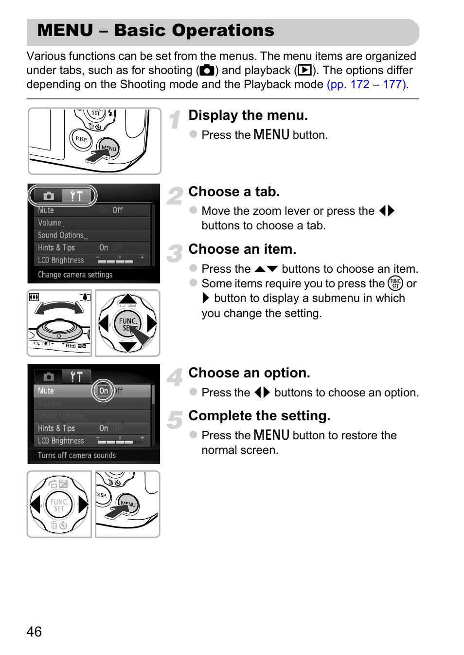 Menu – basic operations, P. 46) | Canon A1200 User Manual | Page 46 / 184