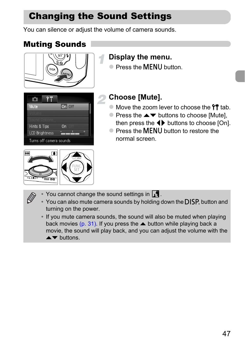 Changing the sound settings, Muting sounds, Display the menu | Choose [mute | Canon A1200 User Manual | Page 47 / 184