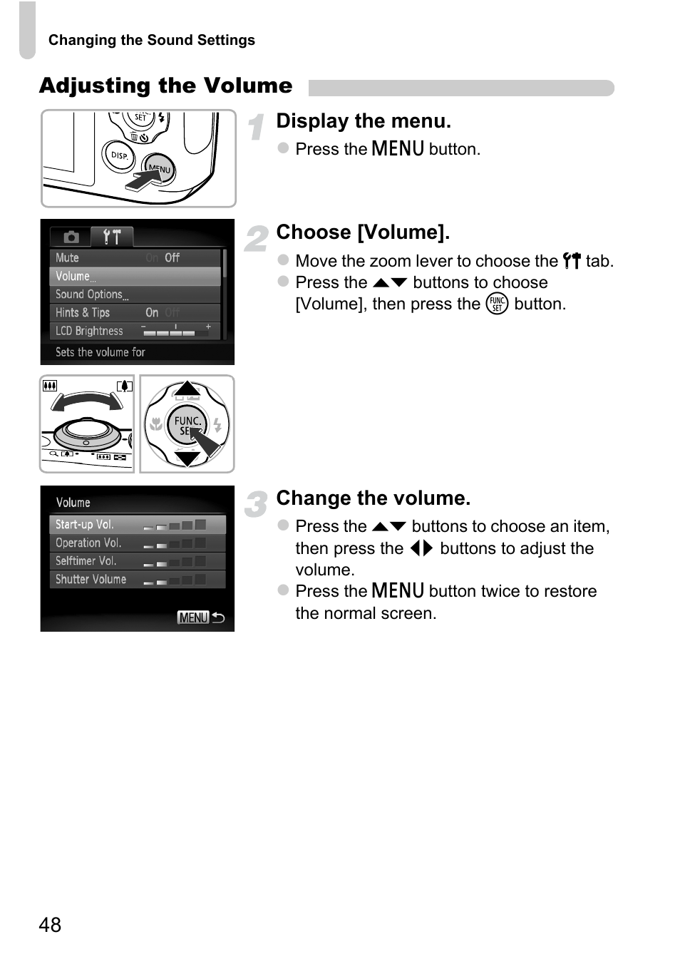 Adjusting the volume, Display the menu, Choose [volume | Change the volume | Canon A1200 User Manual | Page 48 / 184