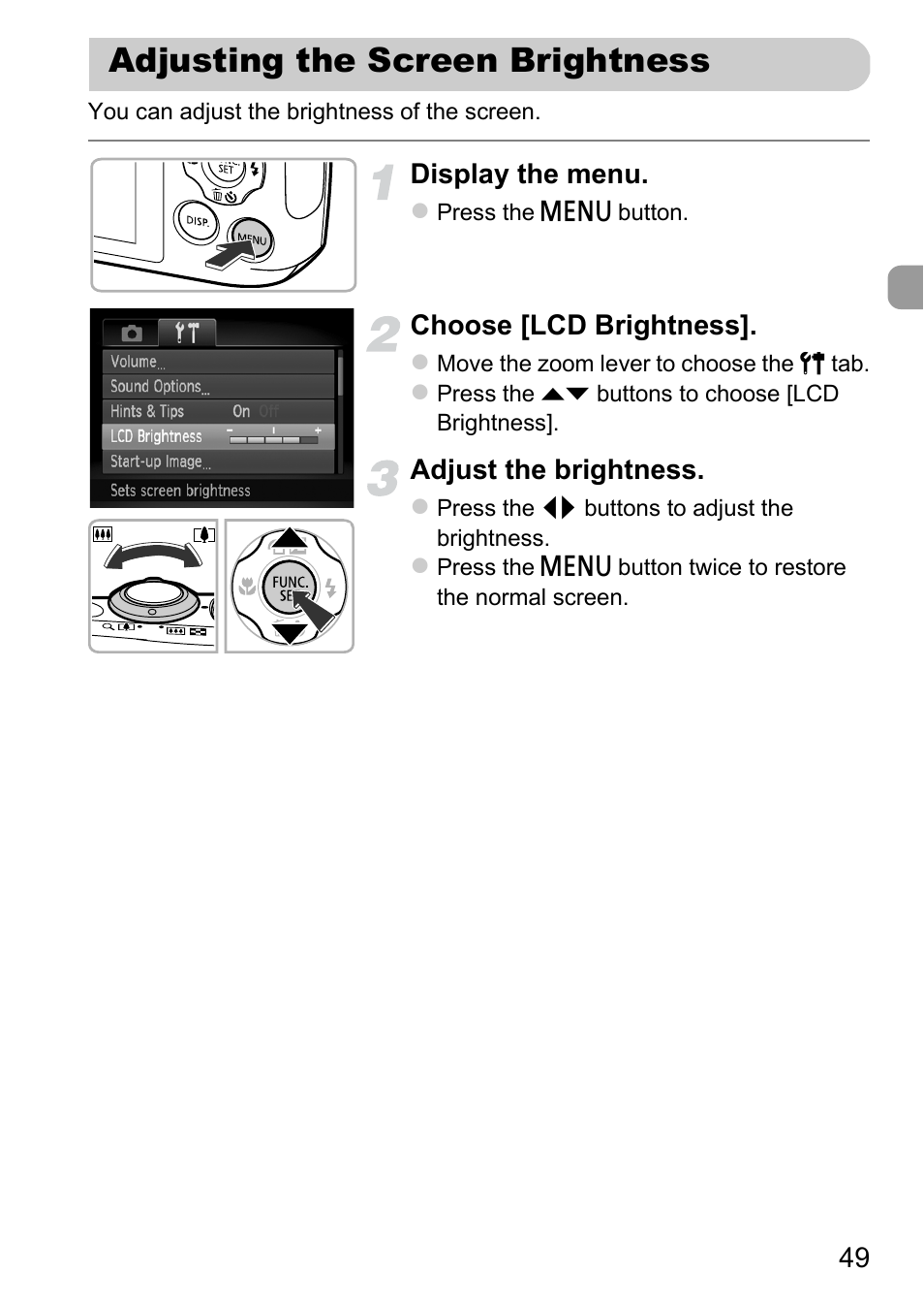 Adjusting the screen brightness | Canon A1200 User Manual | Page 49 / 184