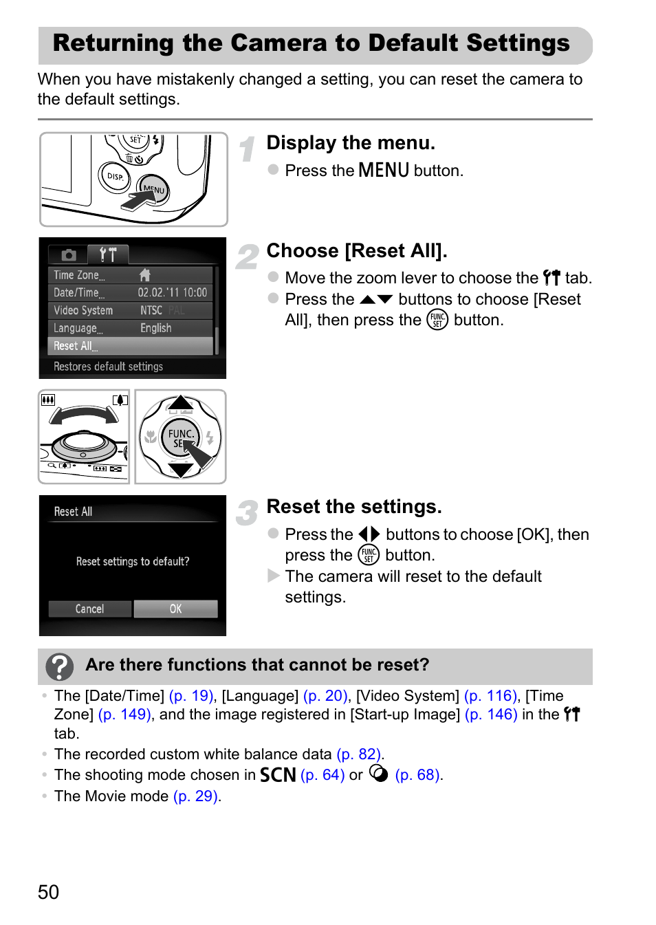 Returning the camera to default settings, Returning the camera to default, Settings | Display the menu, Choose [reset all, Reset the settings | Canon A1200 User Manual | Page 50 / 184