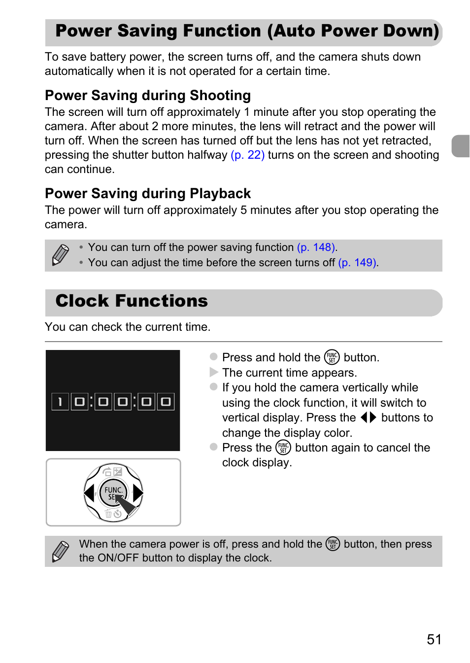 Power saving function (auto power down), Clock functions, Power saving function (auto power | Down), Power saving during shooting, Power saving during playback | Canon A1200 User Manual | Page 51 / 184