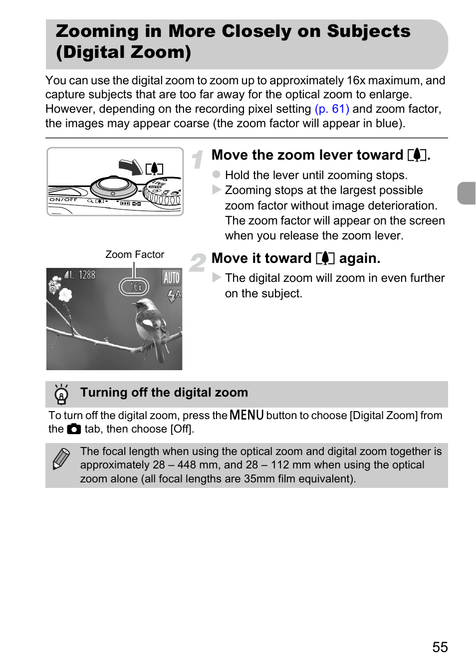 Zooming in more closely on subjects (digital zoom), Zooming in more closely on subjects, Digital zoom) | Canon A1200 User Manual | Page 55 / 184