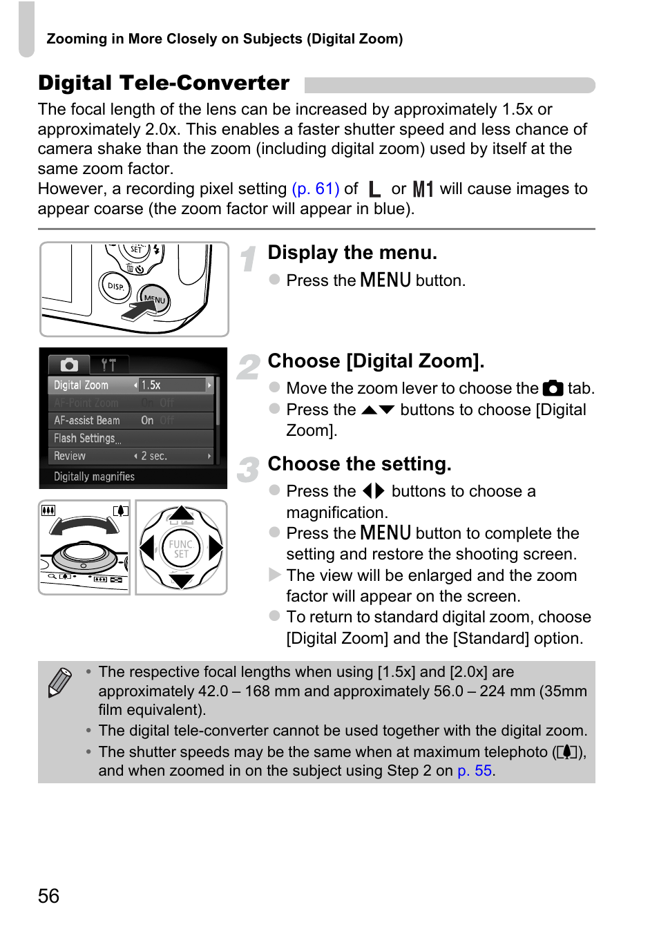 Digital tele-converter, Display the menu, Choose [digital zoom | Choose the setting | Canon A1200 User Manual | Page 56 / 184