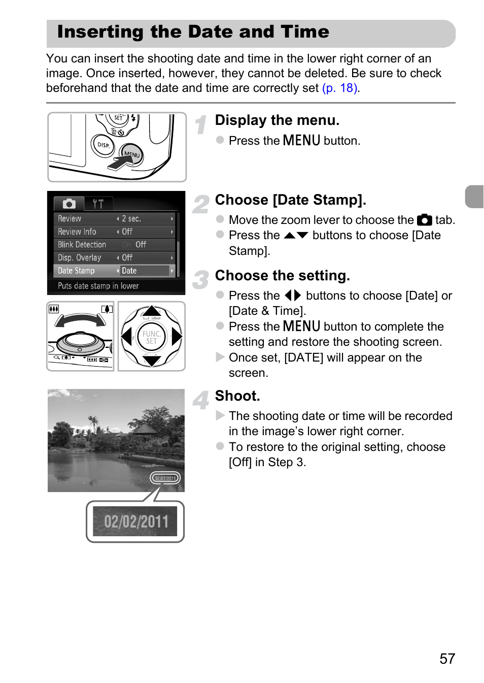 Inserting the date and time | Canon A1200 User Manual | Page 57 / 184