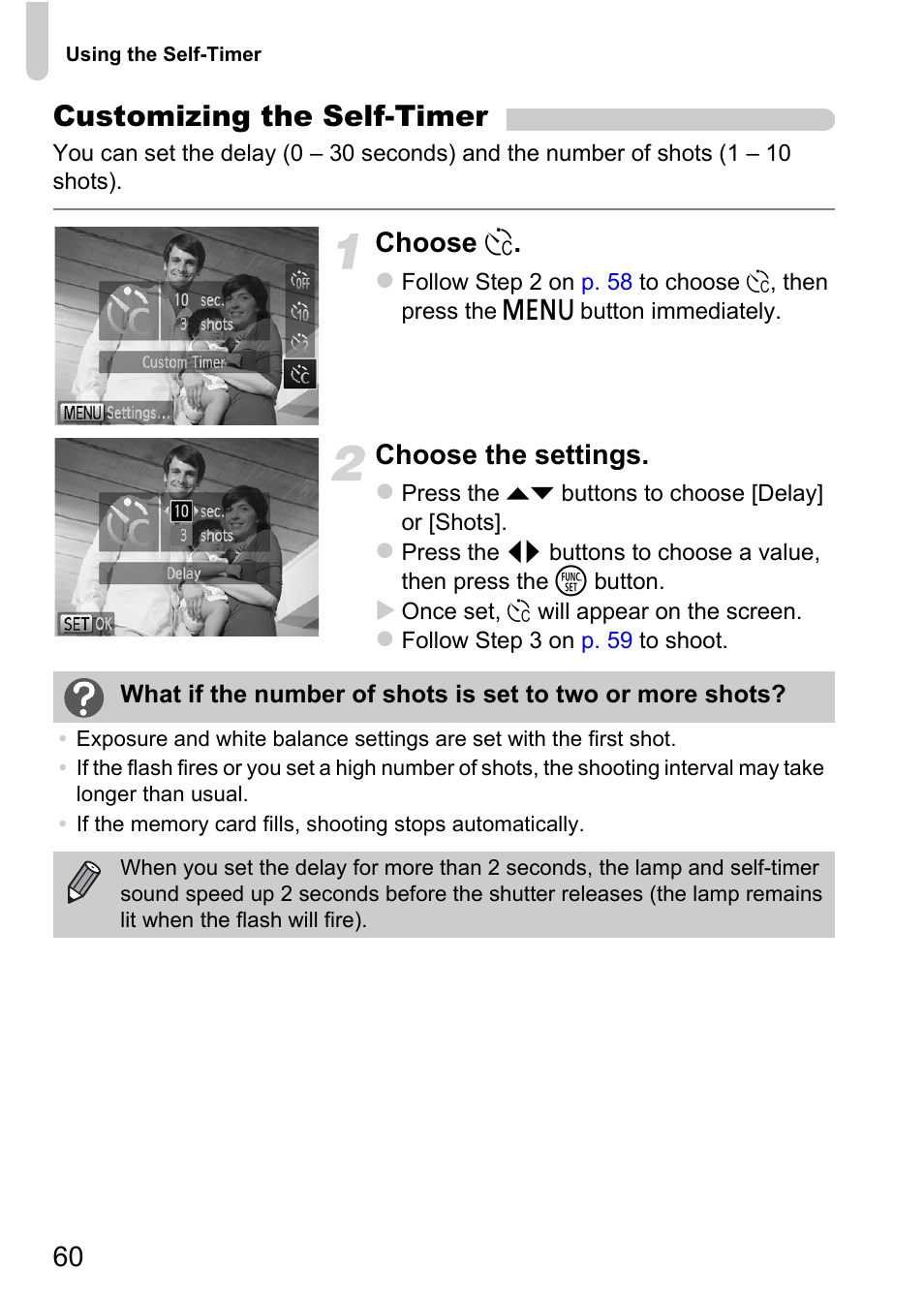 Customizing the self-timer, Choose, Choose the settings | Canon A1200 User Manual | Page 60 / 184