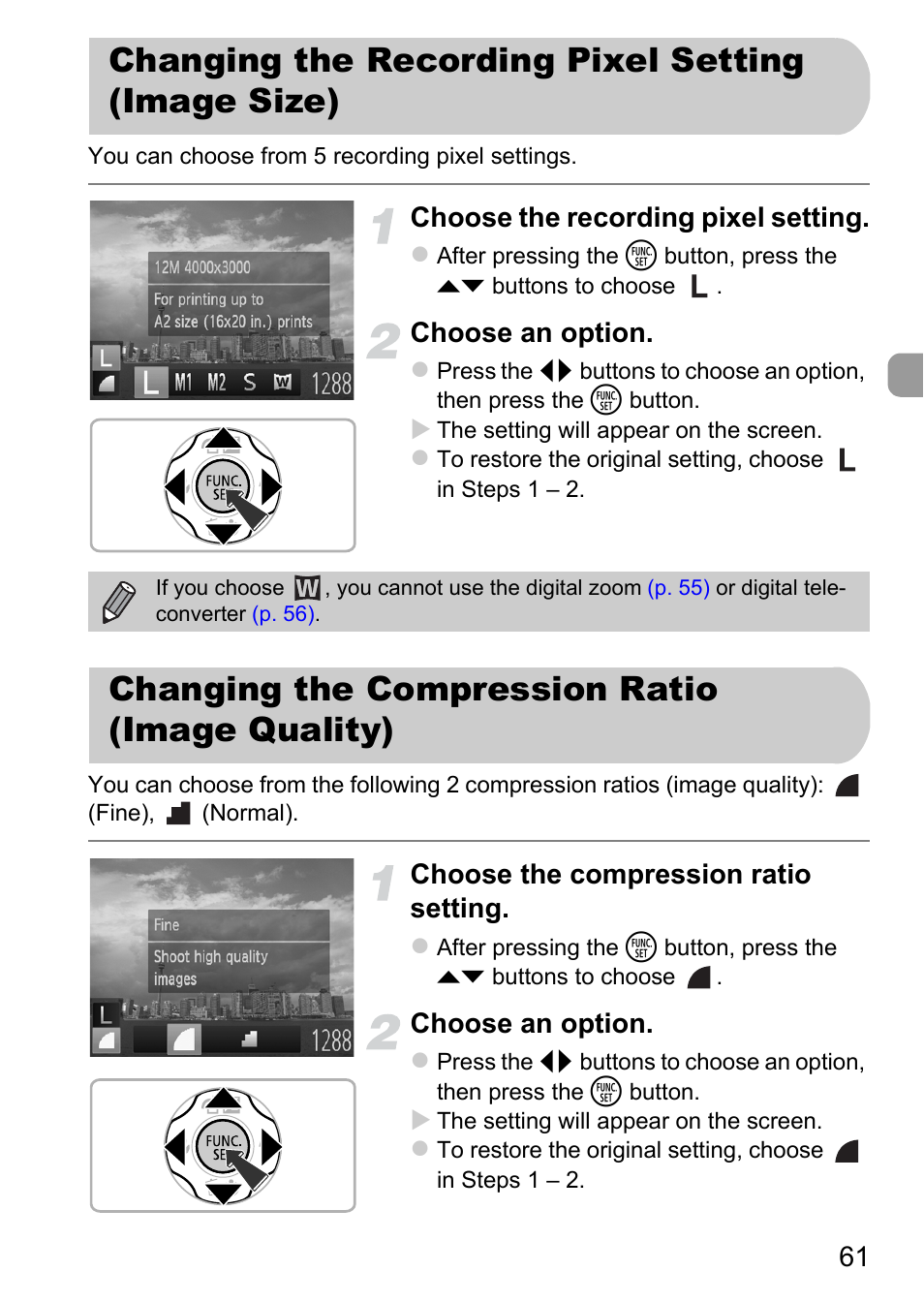 Changing the recording pixel setting (image size), Changing the compression ratio (image quality), Changing the recording pixel setting | Image size), Changing the compression ratio, Image quality), Choose the recording pixel setting, Choose an option, Choose the compression ratio setting | Canon A1200 User Manual | Page 61 / 184
