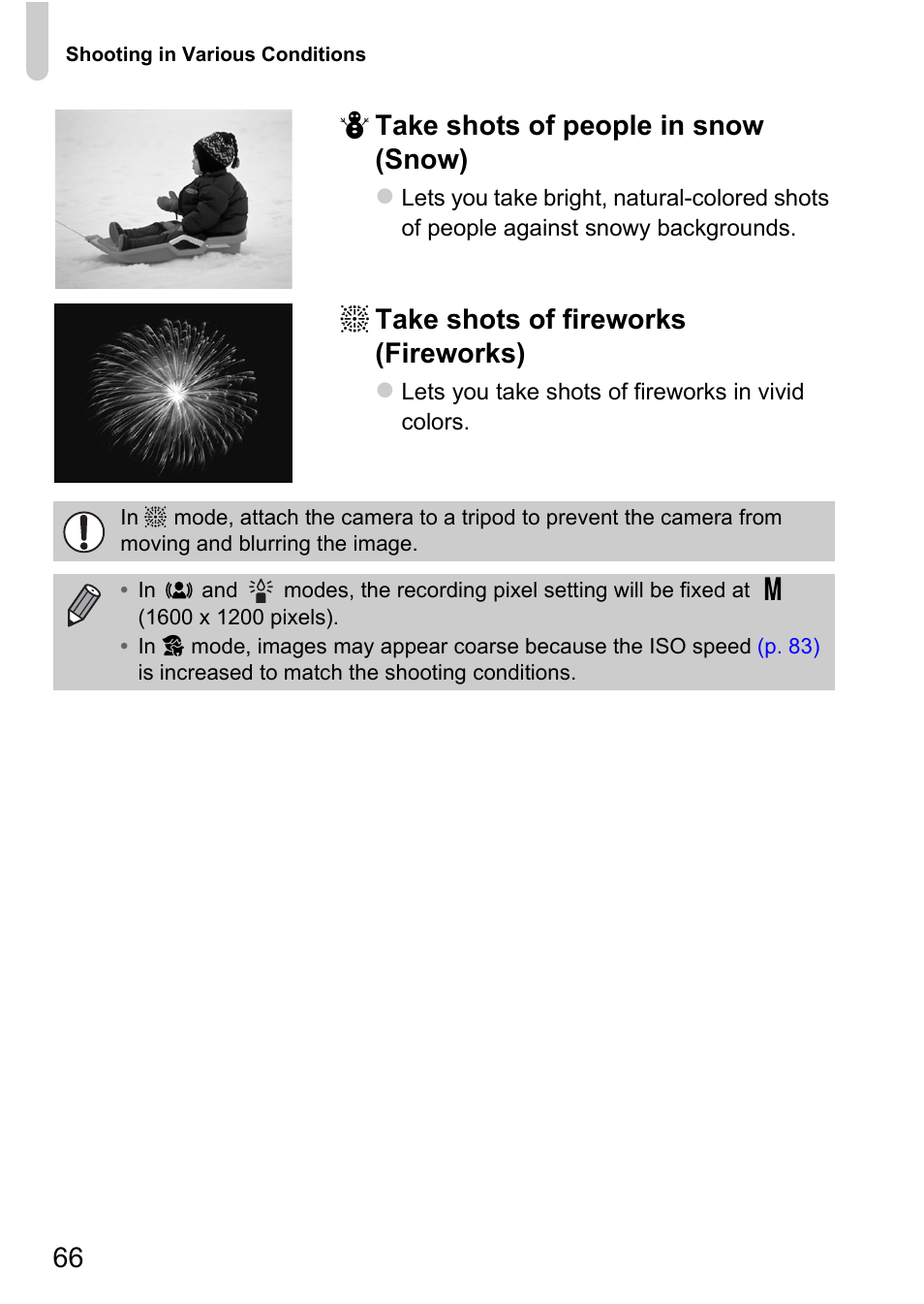P. 66), 66 p take shots of people in snow (snow), T take shots of fireworks (fireworks) | Canon A1200 User Manual | Page 66 / 184