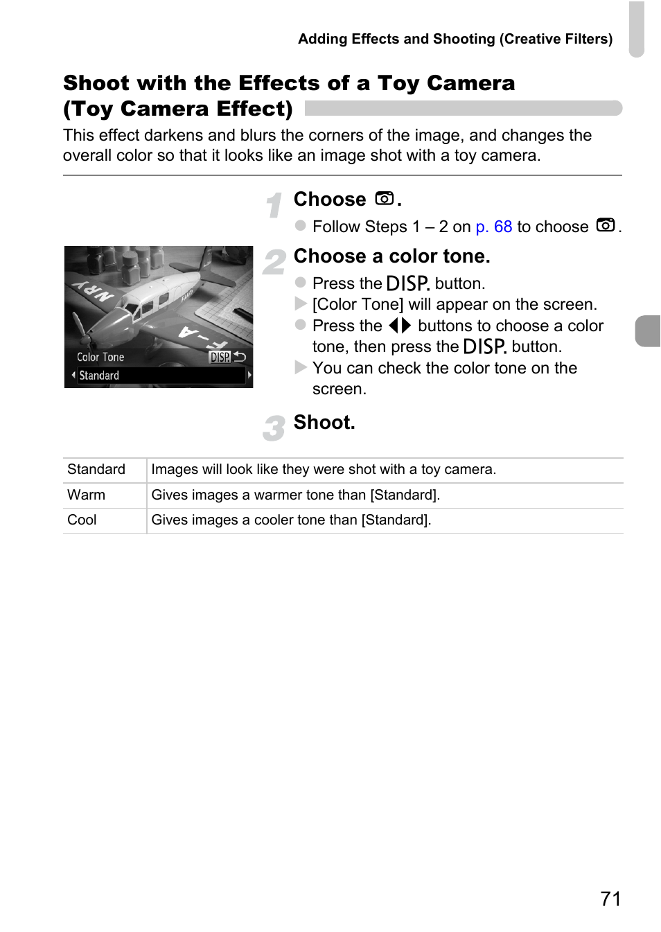 P. 71), Choose, Choose a color tone | Shoot | Canon A1200 User Manual | Page 71 / 184