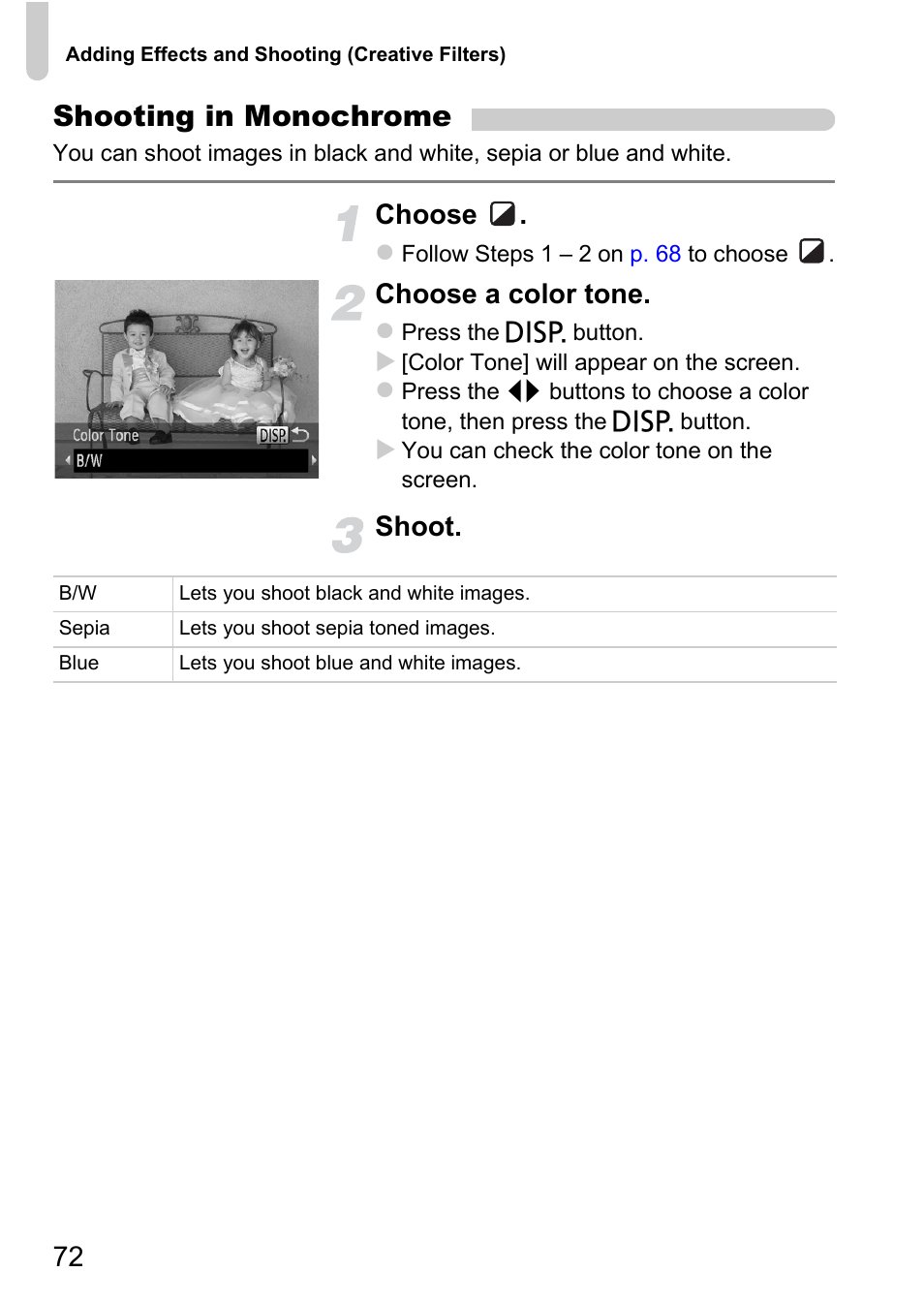 P. 72), Shooting in monochrome, Choose | Choose a color tone, Shoot | Canon A1200 User Manual | Page 72 / 184