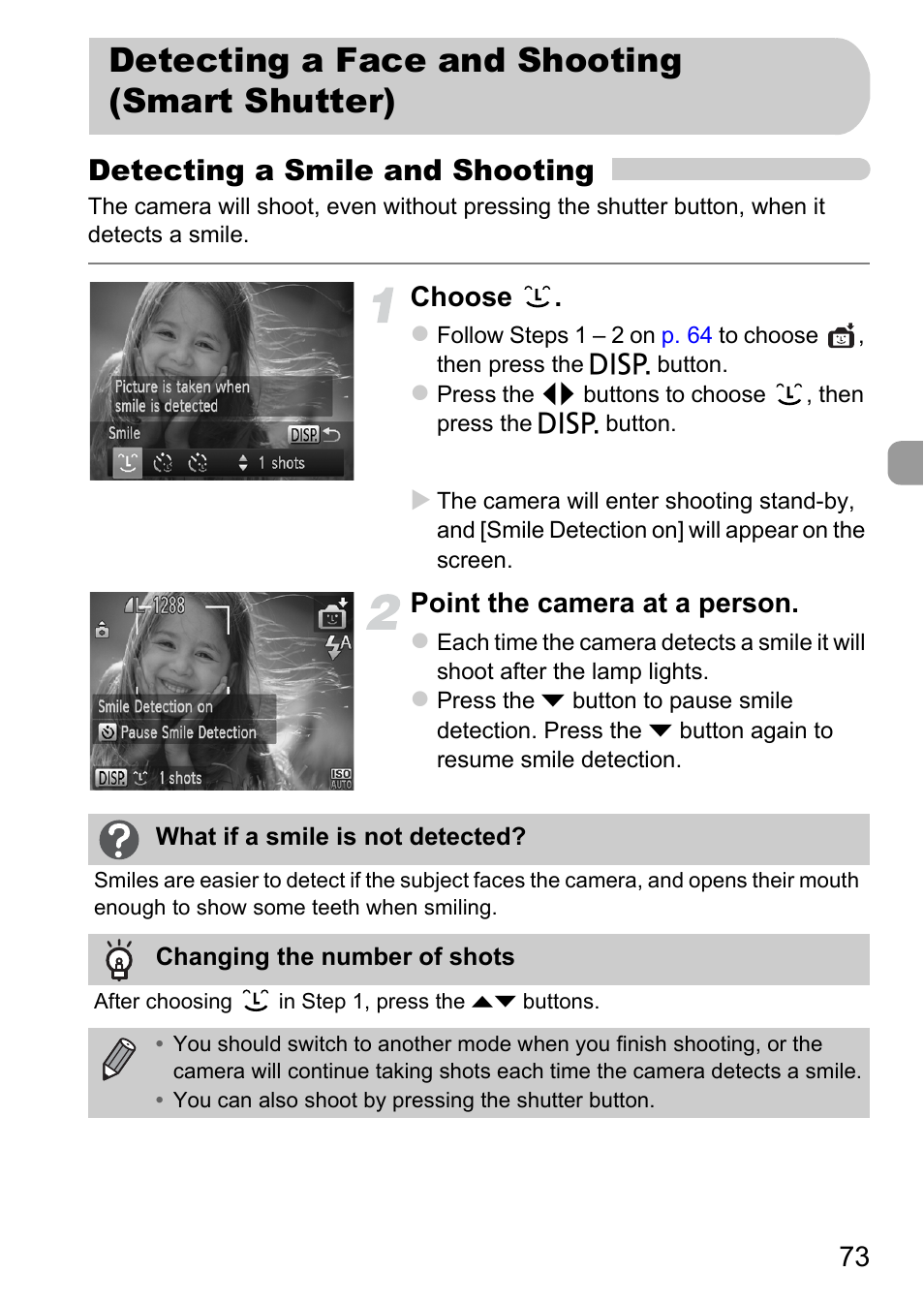 Detecting a face and shooting (smart shutter), Detecting a face and shooting, Smart shutter) | Detecting a smile and shooting, Choose, Point the camera at a person | Canon A1200 User Manual | Page 73 / 184
