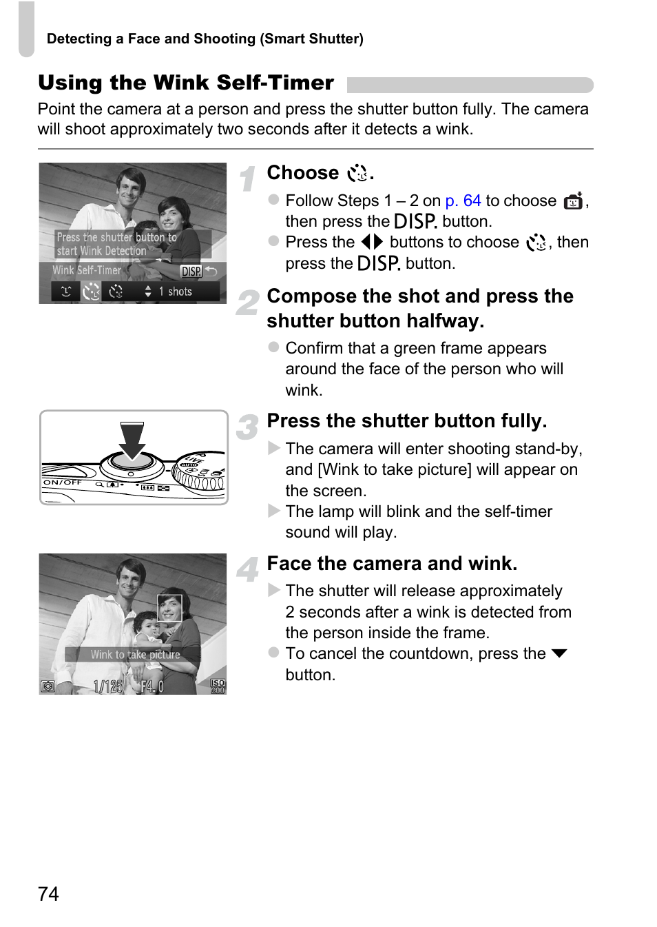 Using the wink self-timer, Choose, Press the shutter button fully | Face the camera and wink | Canon A1200 User Manual | Page 74 / 184