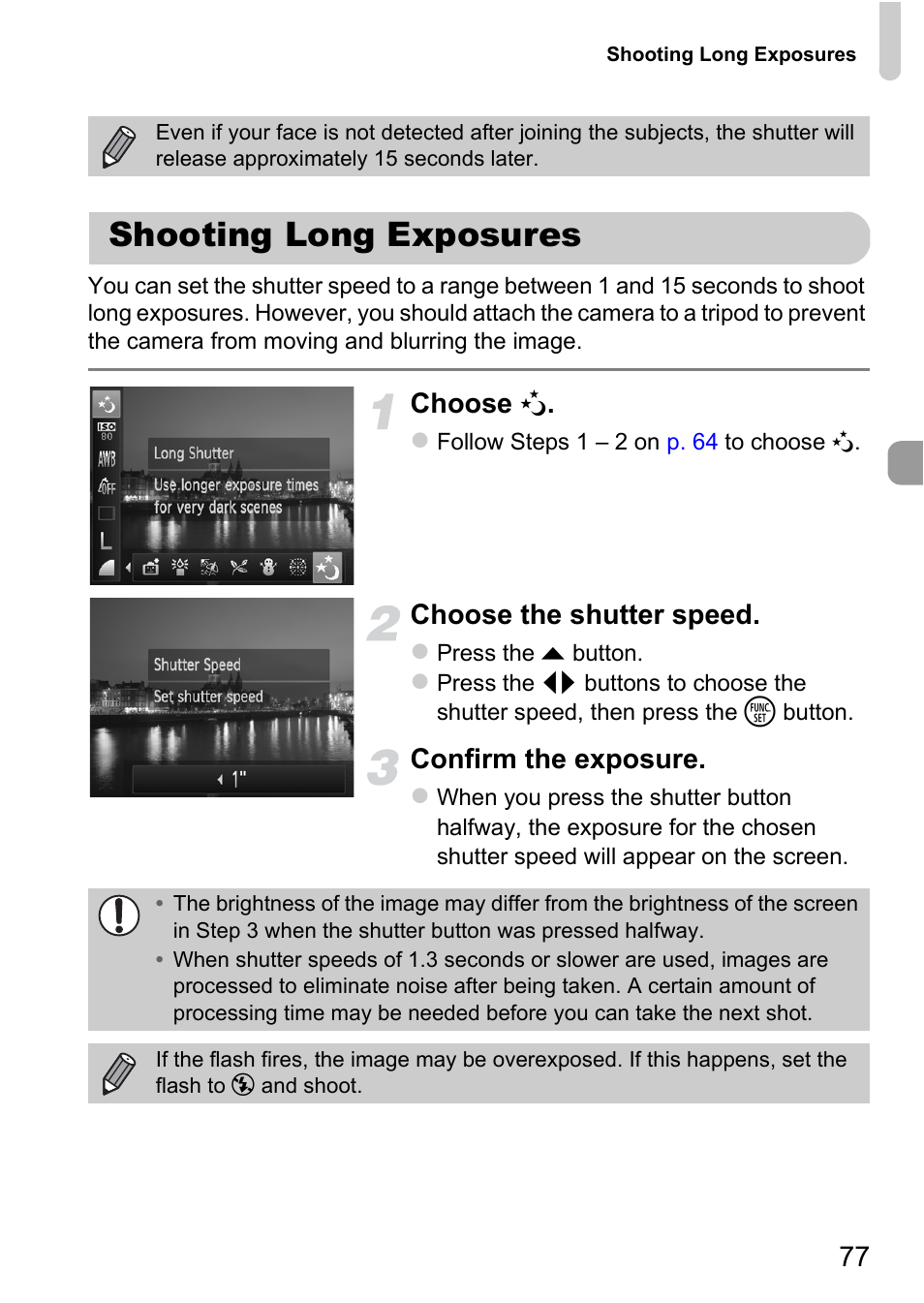 Shooting long exposures, Choose, Choose the shutter speed | Confirm the exposure | Canon A1200 User Manual | Page 77 / 184