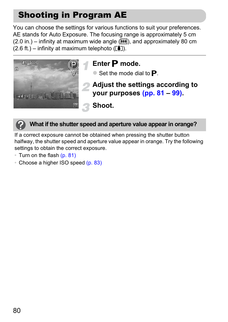 Shooting in program ae, Of pictures, P. 80) | Canon A1200 User Manual | Page 80 / 184