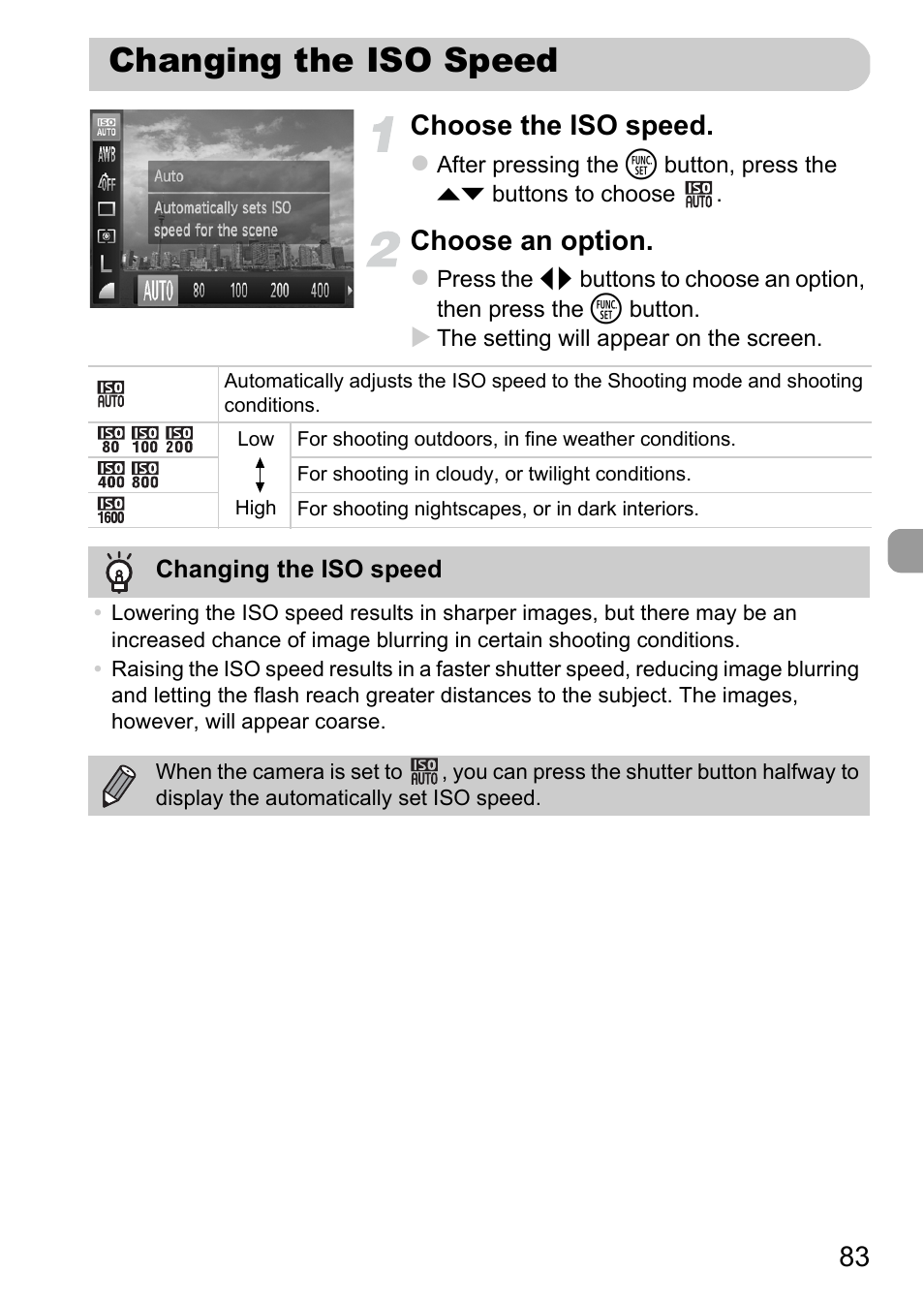 Changing the iso speed, P. 83), 83 choose the iso speed | Choose an option | Canon A1200 User Manual | Page 83 / 184