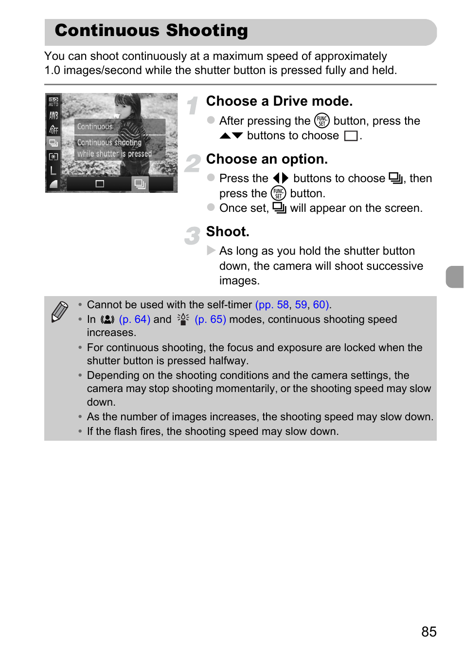 Continuous shooting, Choose a drive mode, Choose an option | Shoot | Canon A1200 User Manual | Page 85 / 184