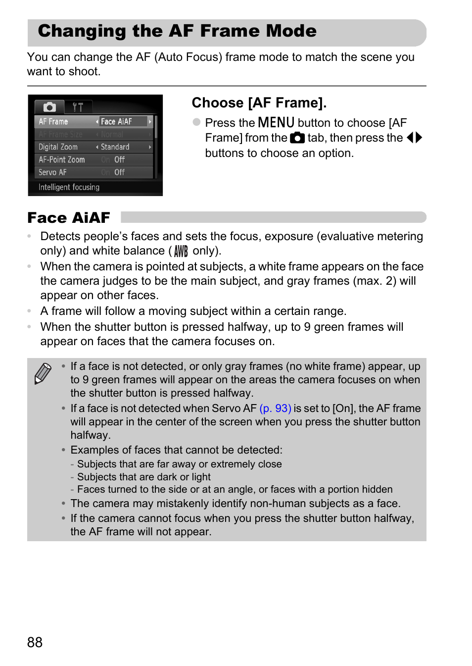 Changing the af frame mode, P. 88), Face aiaf | Choose [af frame | Canon A1200 User Manual | Page 88 / 184