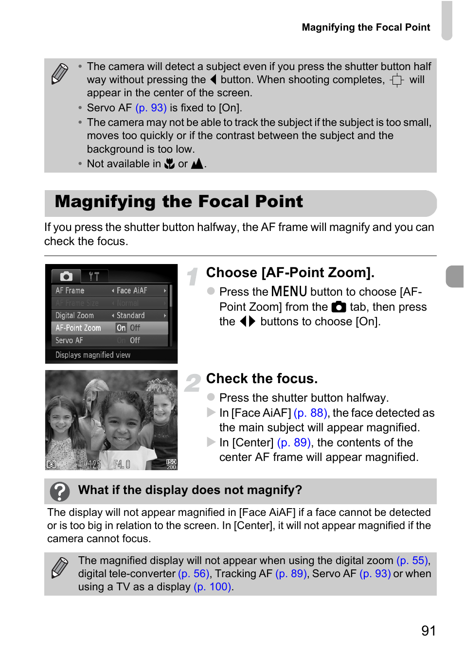 Magnifying the focal point, Choose [af-point zoom, Check the focus | Canon A1200 User Manual | Page 91 / 184