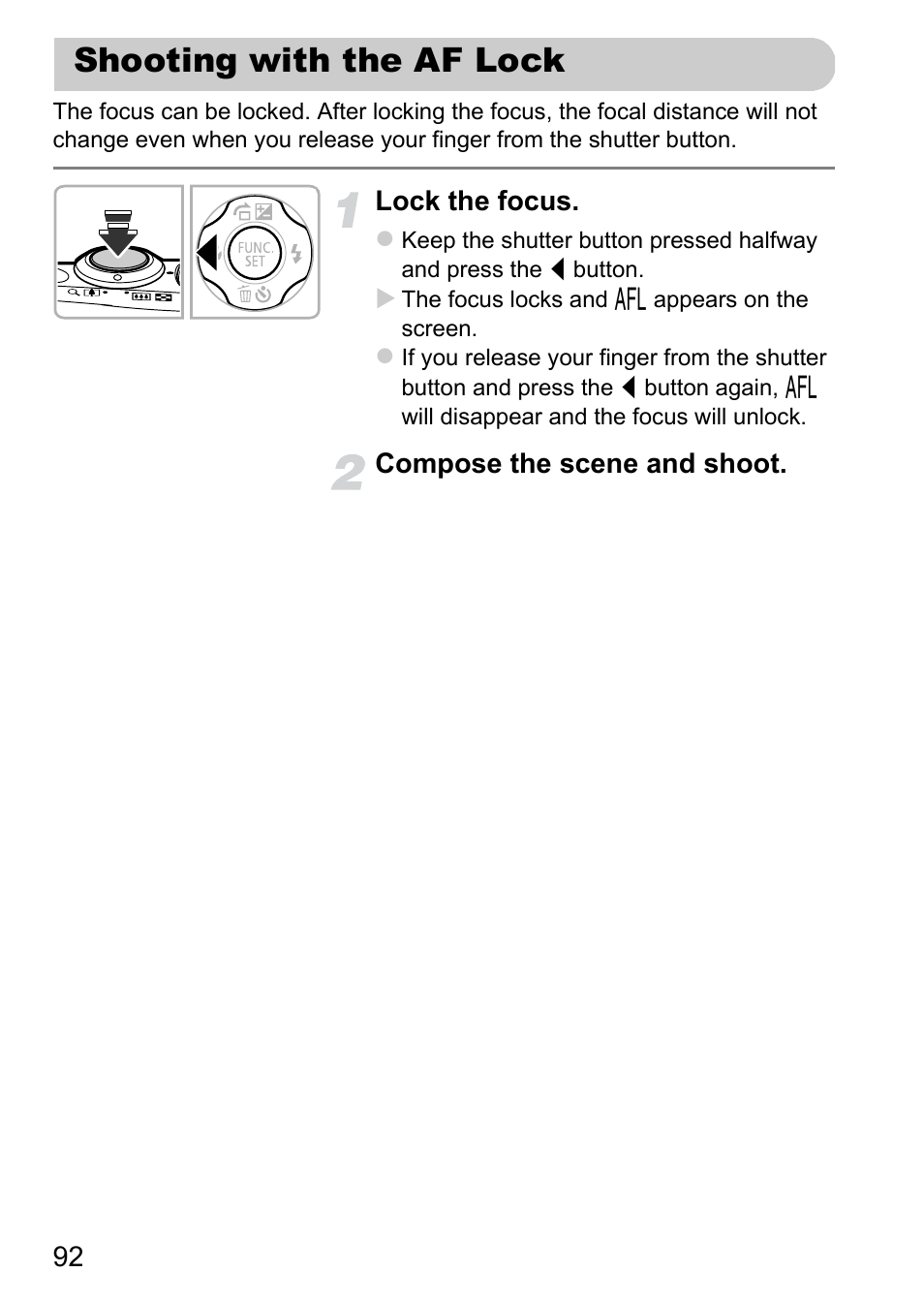 Shooting with the af lock | Canon A1200 User Manual | Page 92 / 184