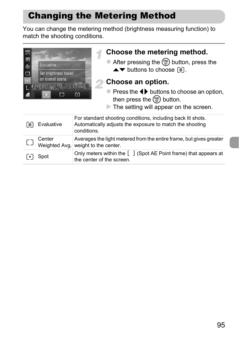 Changing the metering method, Choose the metering method, Choose an option | Canon A1200 User Manual | Page 95 / 184